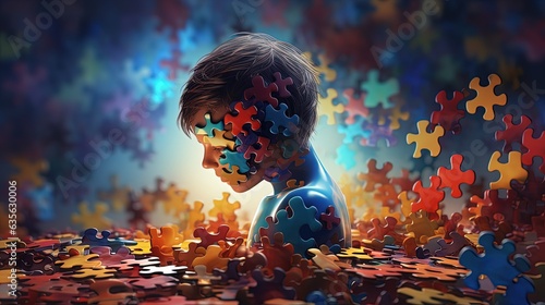 illustration of young boy with puzzle game piece fractal, idea for critical thinking and how to find the right solution concept, Generative Ai photo