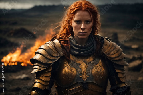 Female divine warrior wearing full plate armor standing on a battlefield