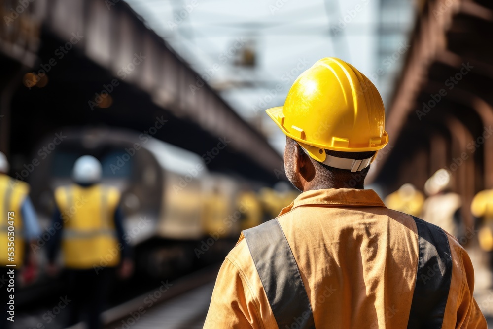 Unrecognizable Worker In A Yellow Hard Hat against the backdrop of construction Unrecognizable Worker In A Yellow Hard Hat against the backdrop of construction