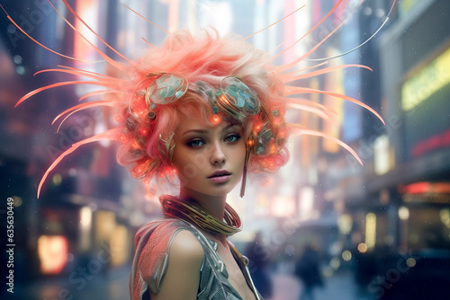 Confident white woman in futuristic city with fashionable hairstyle and attire