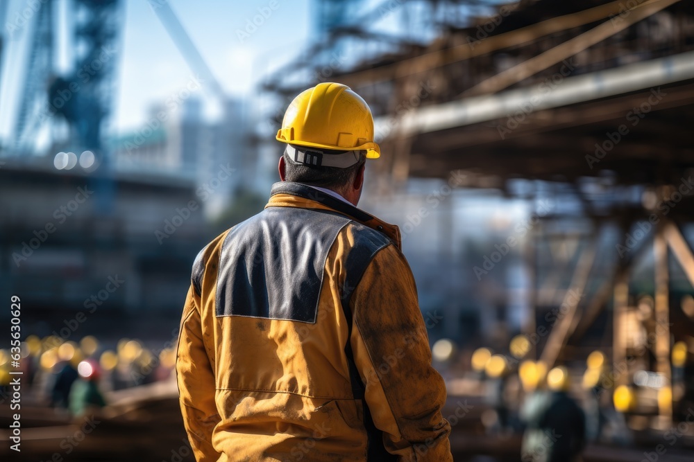 Unrecognizable Worker In A Yellow Hard Hat against the backdrop of construction Unrecognizable Worker In A Yellow Hard Hat against the backdrop of construction