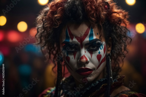 Scary brazilian female clown on a Circus background