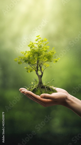 Hand holding tree on blur green nature