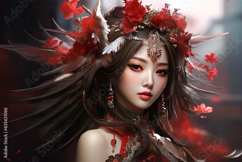 illustration close up portrait of pretty tribal princess wearing red headdress flower, feather and silver decoration, Generative Ai