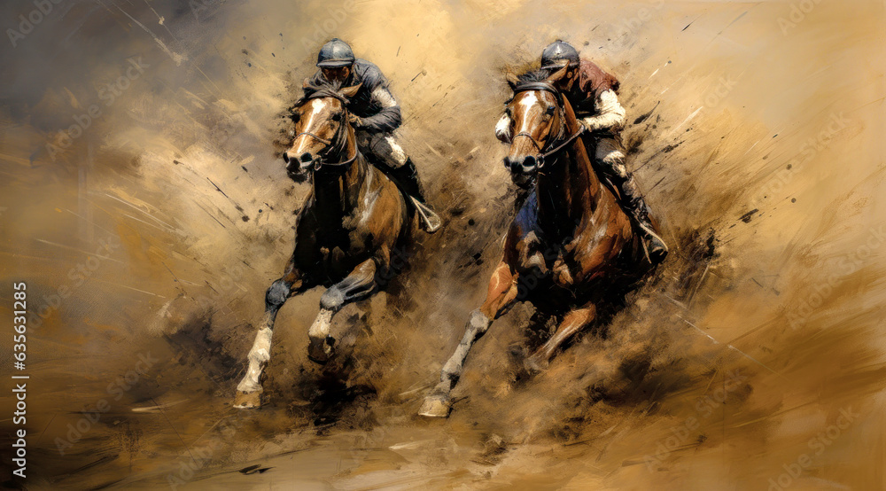 Fototapeta premium Horse Racing in an Oil Painting on Canvas Military Abstract Wallpaper Digital Art Illustration Generative AI Journal Background Backdrop Poster