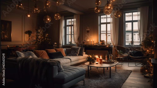 Luxurious Scandinavian Christmas: Step into the Elegance of a Modern Living Room Transformed by Holiday Magic! © 47Media