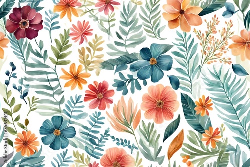 Vector pattern with flowers and plants. Watercolour floral illustration. Seamless pattern