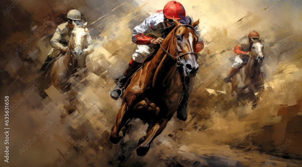 Fototapeta premium Horse Racing in an Oil Painting on Canvas Military Abstract Wallpaper Digital Art Illustration Generative AI Journal Background Backdrop Poster