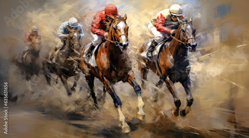 Fotografiet Horse Racing in an Oil Painting on Canvas Military Abstract Wallpaper Digital Ar