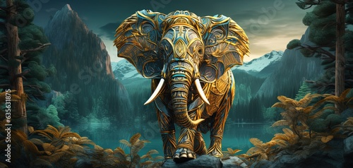paper cut sculpture layer art illustration, big elephant walking in forest, gold green tone color, Generative Ai © QuietWord