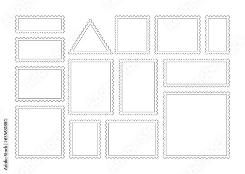 Empty stamps set. Post stamps outline labels collection. Postage perforated templates. Postal shapes border. Blank frames for mail letter. Paper postmarks. Vector illustration. Flat design.