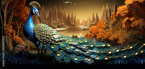 paper cut sculpture layer art illustration, close up peacock in forest, gold green tone color, Generative Ai