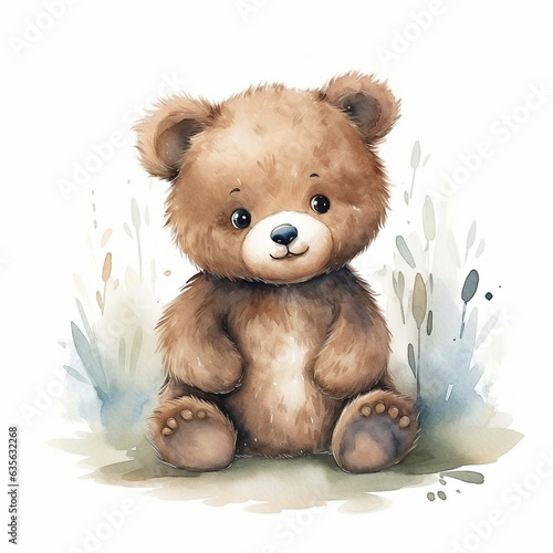 AI generated, cute teddybear in watercolor style illustration on white background. Beautiful illustration for a children’s book, postcards, napkins. Cute sweet little bear. © Dirk