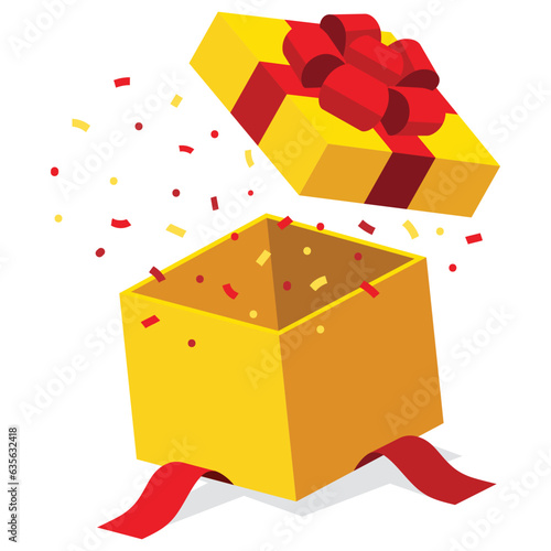 Single yellow open gift box icon, present with red ribbon bow flat isometric illustration design, surprise confetti inside, vector interface app icon ui ux banner web isolated on white background