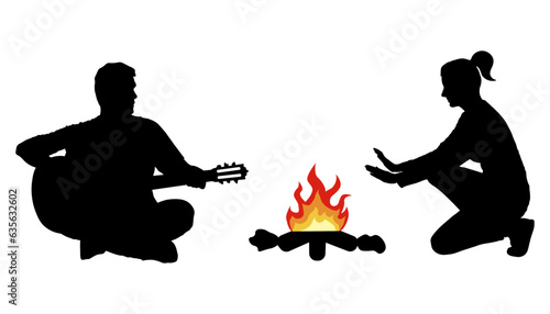 Silhouette of man playing guitar and woman warming hands near bonfire. Camping. Vector illustration