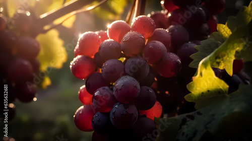 Illuminated by a ray of the sun, a hanging bunch of red grapes with dew drops. Generative AI technology.