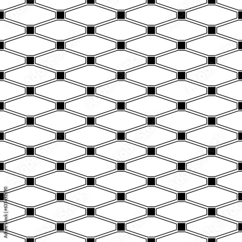 Repeated black figures on white background. Geometrical wallpaper. Seamless surface pattern design with elongated octagons and squares. Diamonds motif. Digital paper for textile print, web designing.