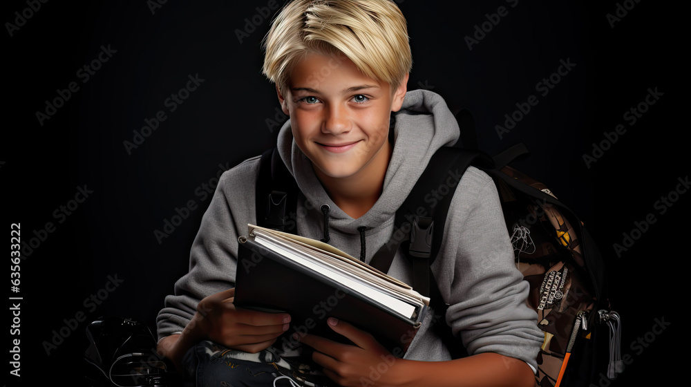 Cute scandinavian teenager boy in black shirt with school bag and books over red isolated background, half body, as school, education concept Cute scandinavian teenager boy in black shirt with school bag and books over red isolated background, half body, as school, education concept