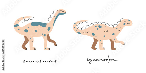 Flat hand drawn vector illustrations of dinosaurs shunosaurus and iguanodon photo