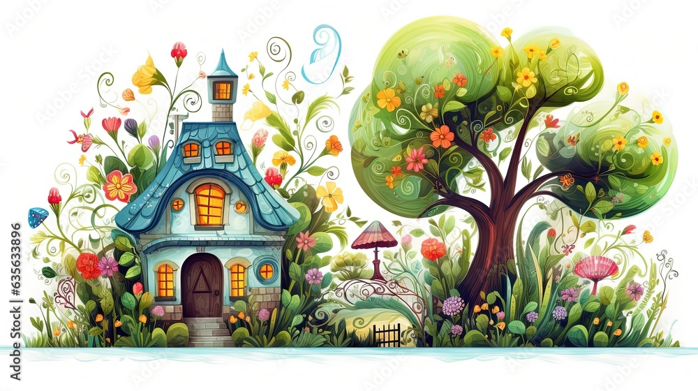 watercolor style illustration cute whimsical fantasy house in autumn or spring garden, flower and leaf in colorful tone color, Generative Ai watercolor style illustration cute whimsical fantasy house in autumn or spring garden, flower and leaf in colorful tone color, Generative Ai