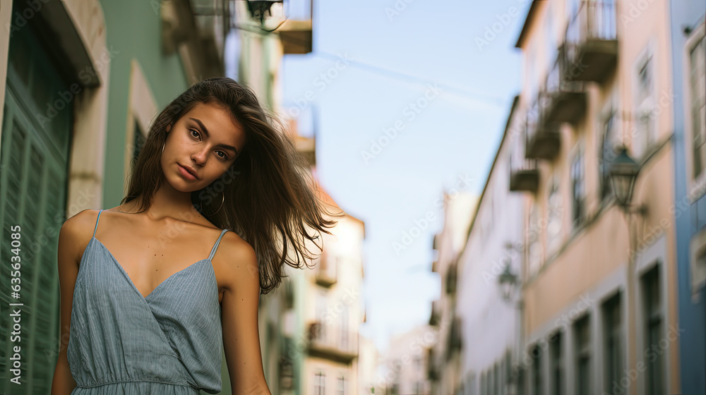 Portrait of a young woman in a sundress on the streets of Lisbon