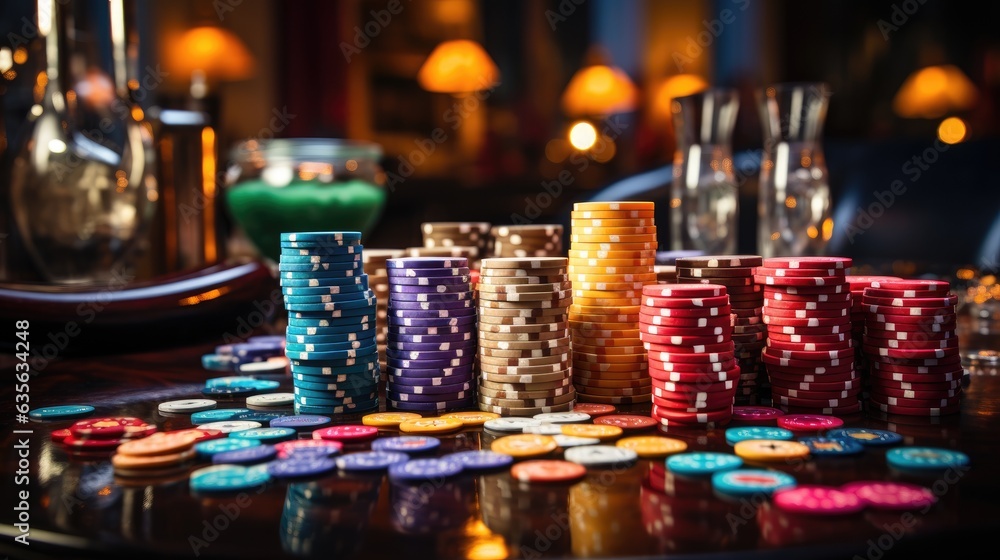 Poker Chips on a gaming table with dramatic lighting. Generative AI Poker Chips on a gaming table with dramatic lighting. Generative AI