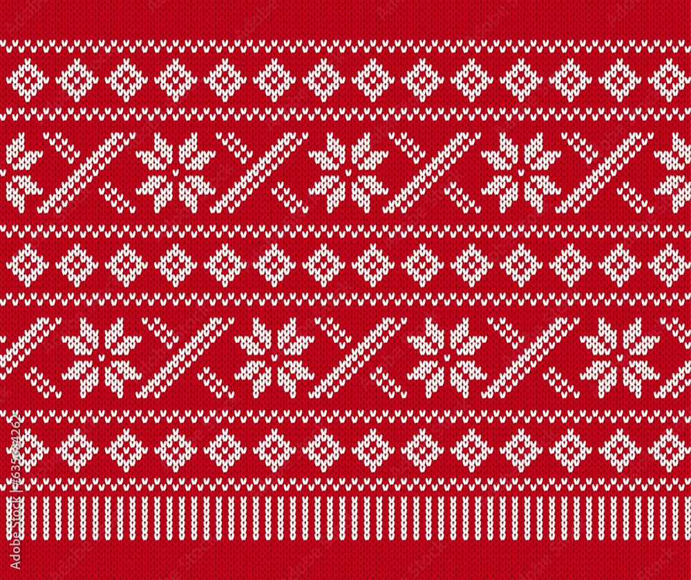 Wool pullover Christmas pattern. Xmas winter knit seamless print. Red knitted sweater texture. Geometric background with snowflakes. Holiday traditional ornament. Festive crochet. Vector illustration Wool pullover Christmas pattern. Xmas winter knit seamless print. Red knitted sweater texture. Geometric background with snowflakes. Holiday traditional ornament. Festive crochet. Vector illustration