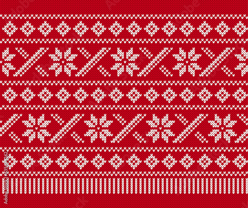 Wool pullover Christmas pattern. Xmas winter knit seamless print. Red knitted sweater texture. Geometric background with snowflakes. Holiday traditional ornament. Festive crochet. Vector illustration