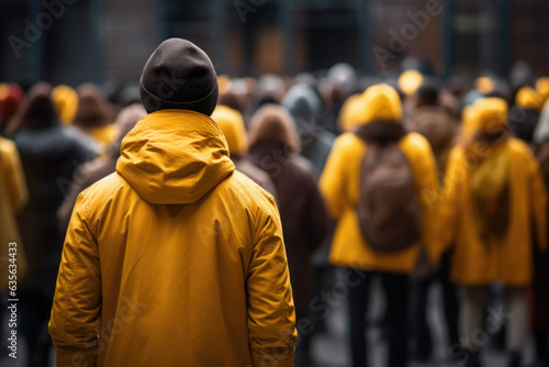 People crowd at city street, rush hour. Man in yellow jacket stand out from group of people