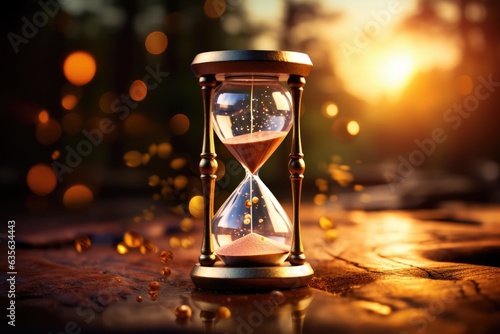 Vintage hourglass representing the concept of time and pacing, slow, sands of time, bokeh, depth of field, magic. Generative AI © piai