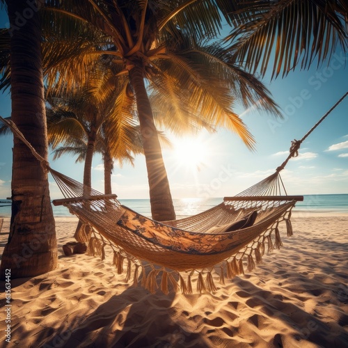 Relaxing in a hammock on a sunny beach. © HandmadePictures