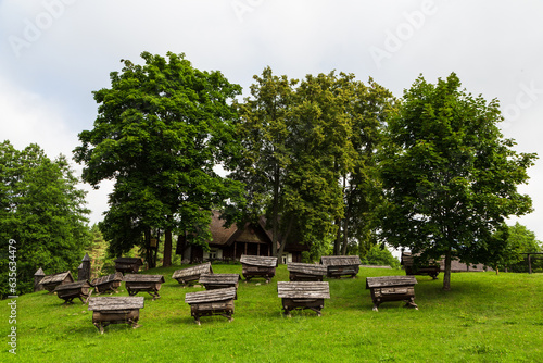 Old wooden houses in a village in Aukštaitija National Park, Lithuania