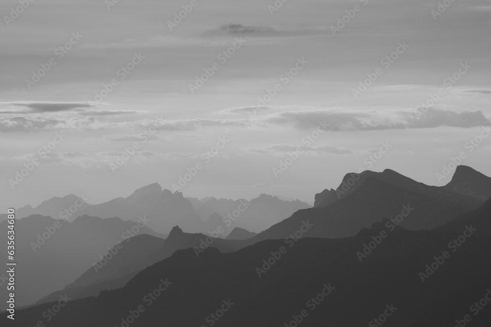Layered outlines of mountain ranges seen from Niesen Kulm, Switzerland.