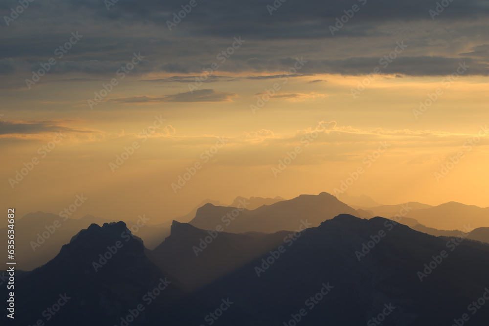 Sigriswiler Rothorn and other mountains at sunrise.