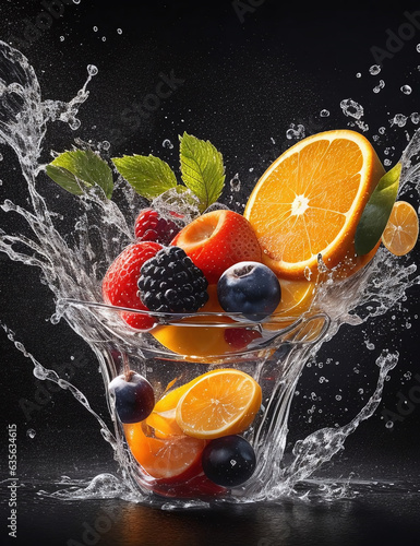 Realistic fruit juice splash burst composition with fruits on blank Black background