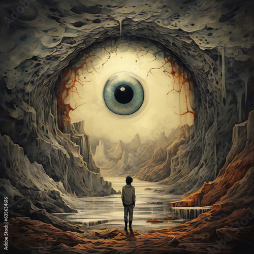 Foreboding Fantasy Illustration Of A Boy In Front Of A Gigantic Blue Eye Portal Into A Rocky River Landscape - Generative A.I. Art