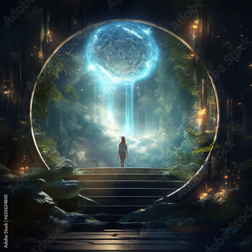 Magical Fantasy Illustration Of A Woman In Front Of A Blue Ball Of Lightning In a Nature Landscape - Generative A.I. Art