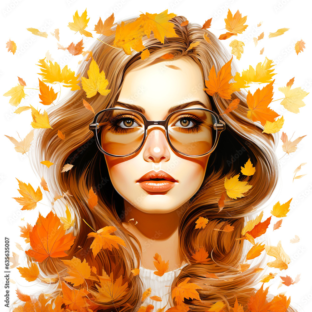 Female portrait with autumn leaves, pretty woman in sunglasses. Design for fashion cards, illustration. Autumn concept.