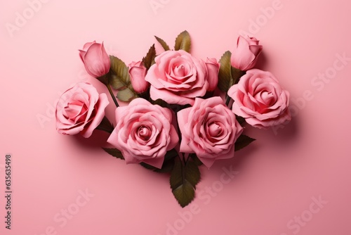 A composition of roses on a pink background.