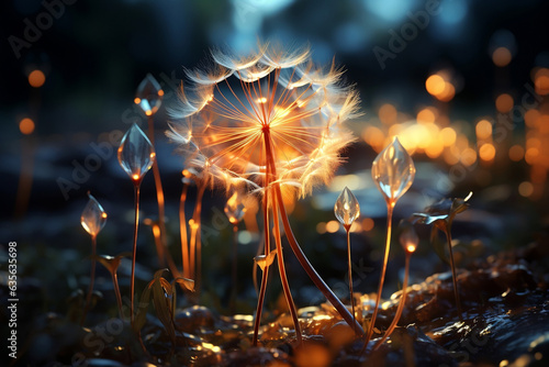 Glowing dandelions in the night nature of the woods surrounded by fireflies, mystical scene