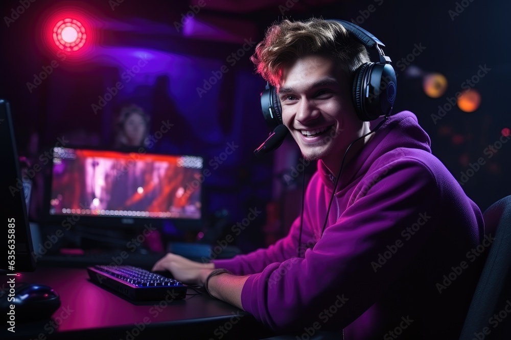 Creating gaming content, young male live streaming a video game with a camera. Generative AI Creating gaming content, young male live streaming a video game with a camera. Generative AI