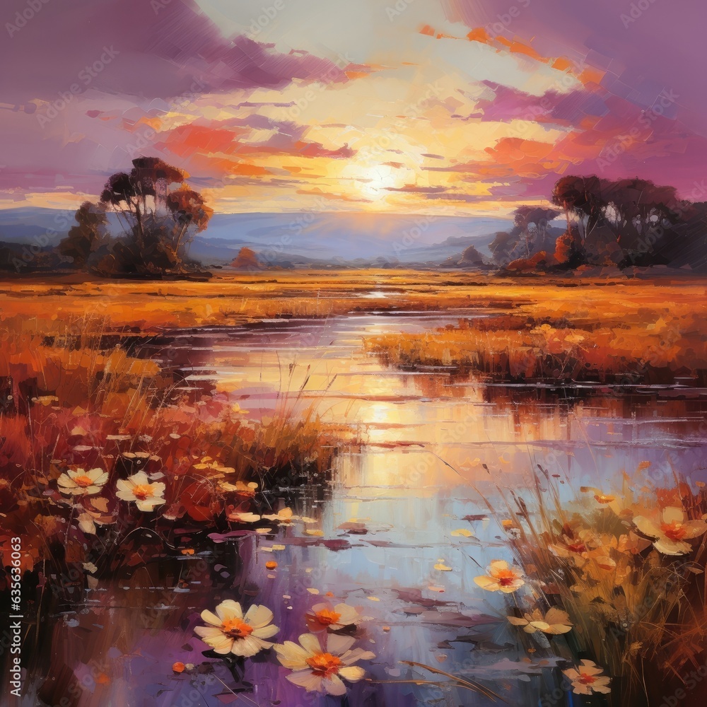 An artist captures the vibrant sunset on a picturesque landscape. An artist captures the vibrant sunset on a picturesque landscape.