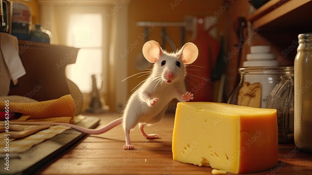 Fototapeta premium Mouse runs across the kitchen floor, seeking cheese.