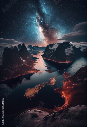 Breathtaking fjord landscape at night. Aerial view. Mountains and sea. Generative Ai.