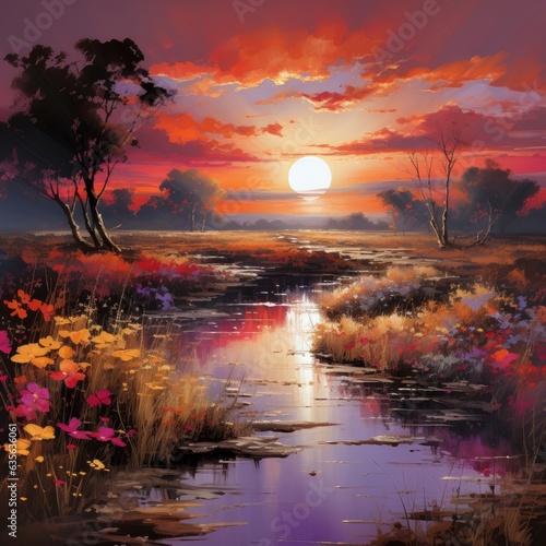 An artist captures the vibrant sunset on a picturesque landscape. © HandmadePictures