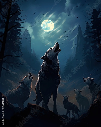 Wolves howl under the full moonlit sky. © HandmadePictures