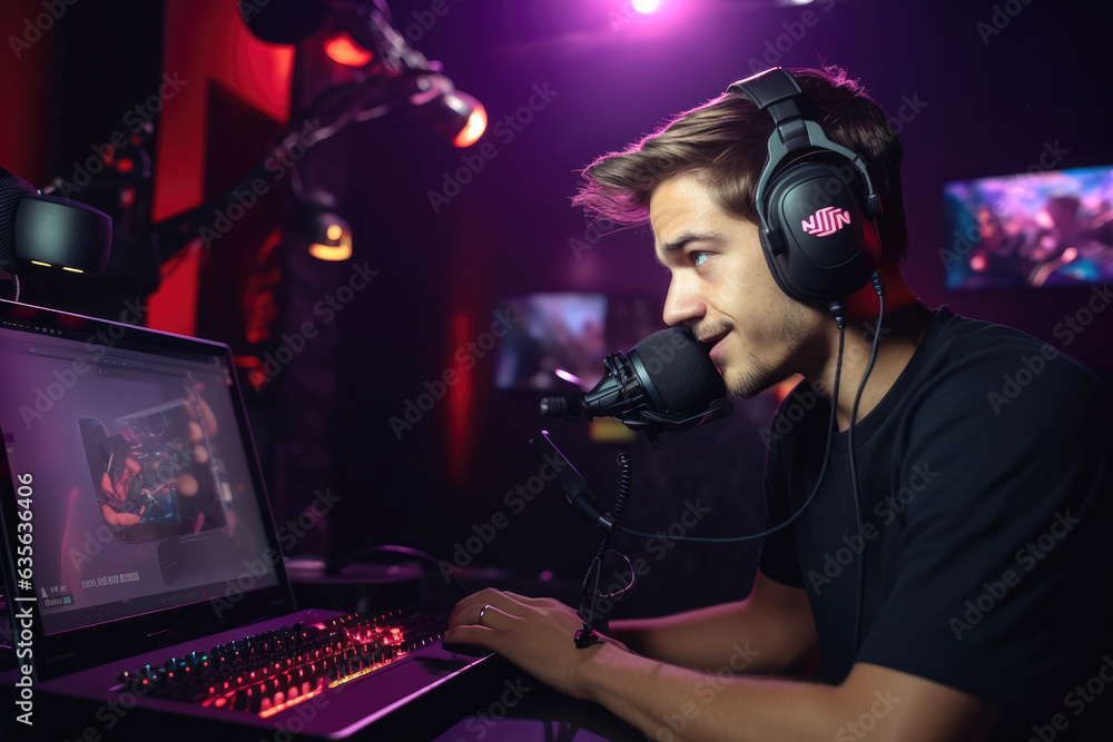Creating gaming content, young male live streaming a video game with a camera. Generative AI Creating gaming content, young male live streaming a video game with a camera. Generative AI