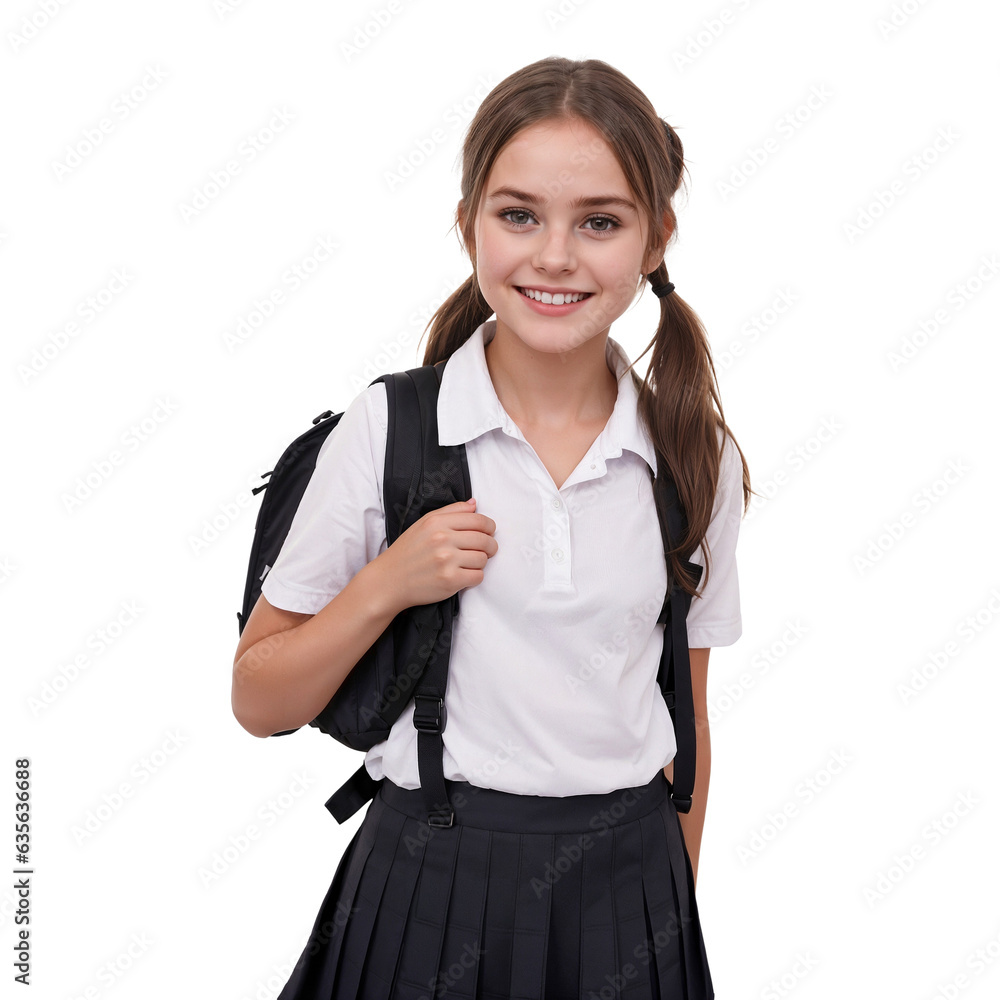 Happy schoolgirl with backpack looking at the camera isolated on transparent background Happy schoolgirl with backpack looking at the camera isolated on transparent background