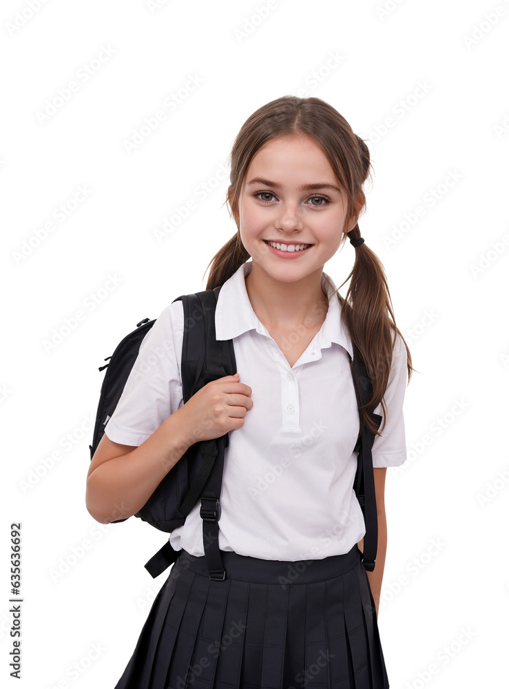 Happy schoolgirl with backpack looking at the camera isolated on transparent background Happy schoolgirl with backpack looking at the camera isolated on transparent background