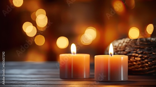 Burning Candles on Wooden Table